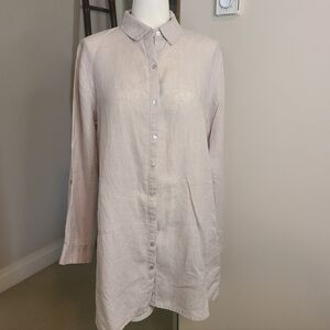 Tahari Button Down Long 100% Linen Top Beige Size M